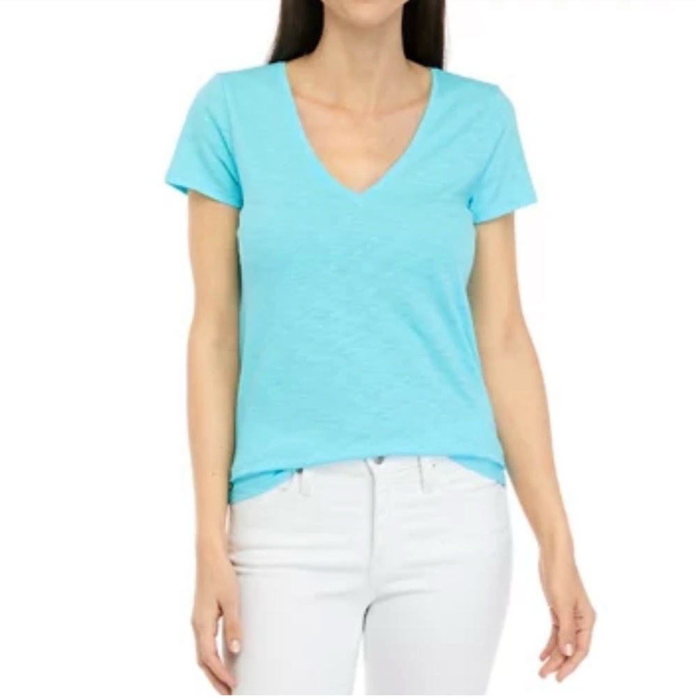 Lilly Pulitzer Blue Ibiza Etta Scoop Neck V-Neck Short Sleeve Tee Large